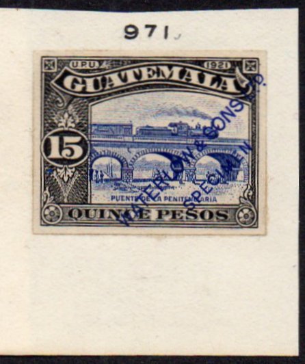 Guatemala Waterlow Color Trial Stamp 1921 15 Pesos Train on Bridge